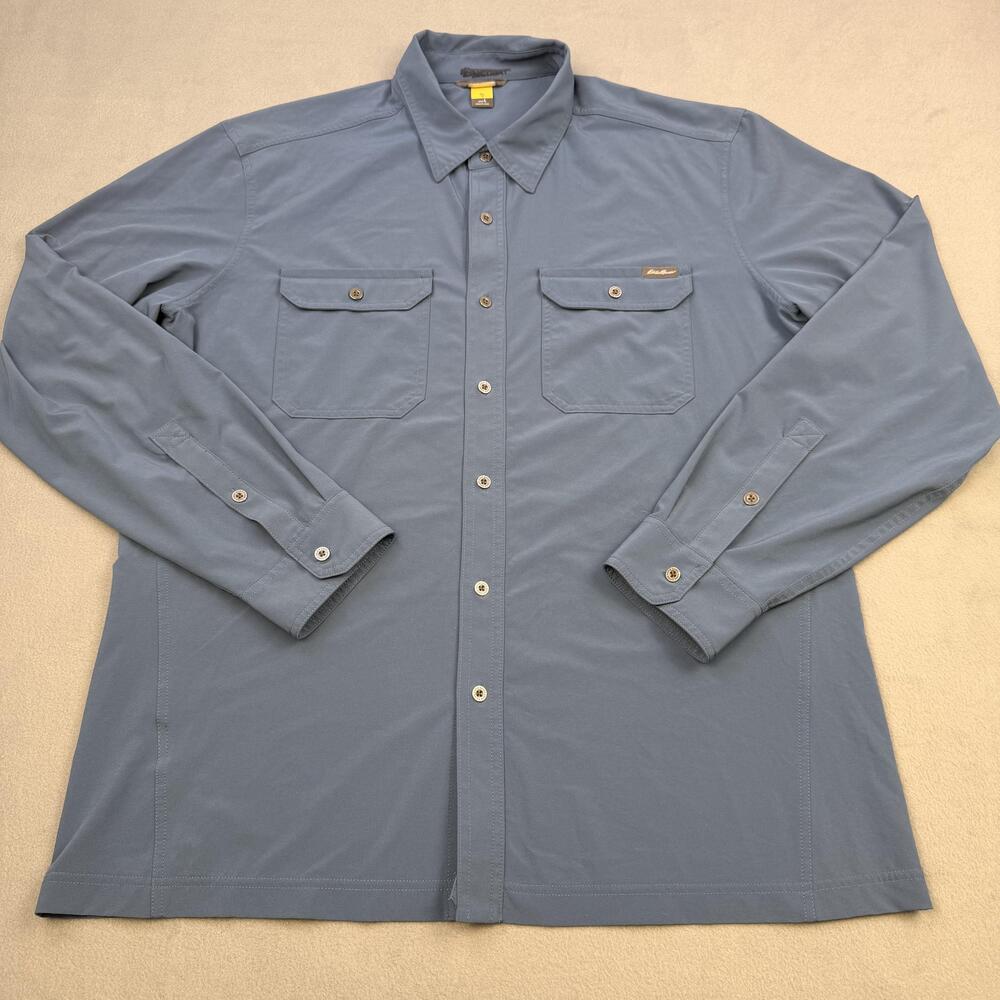Eddie Bauer Travex Shirt Mens Large Blue Solid Button Up Outdoor Casual Hiking